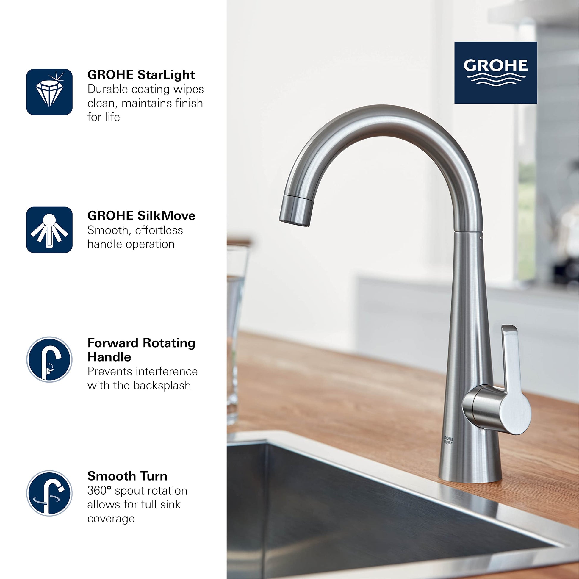 Grohe Zedra single-handle beverage faucet with curved spout and white handle in stainless steel finish above sink.