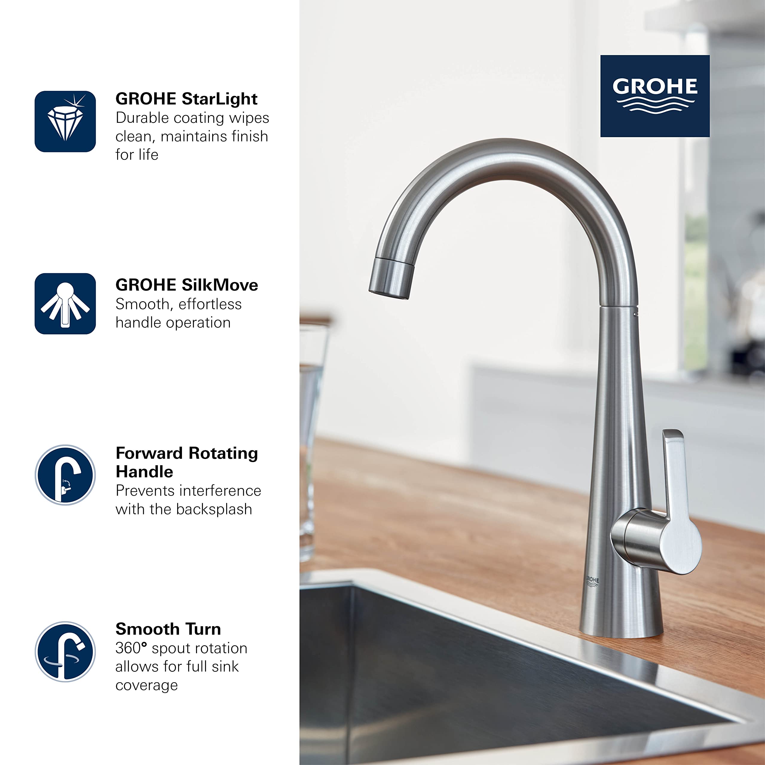 Grohe Zedra single-handle beverage faucet with curved spout and white handle in stainless steel finish above sink.