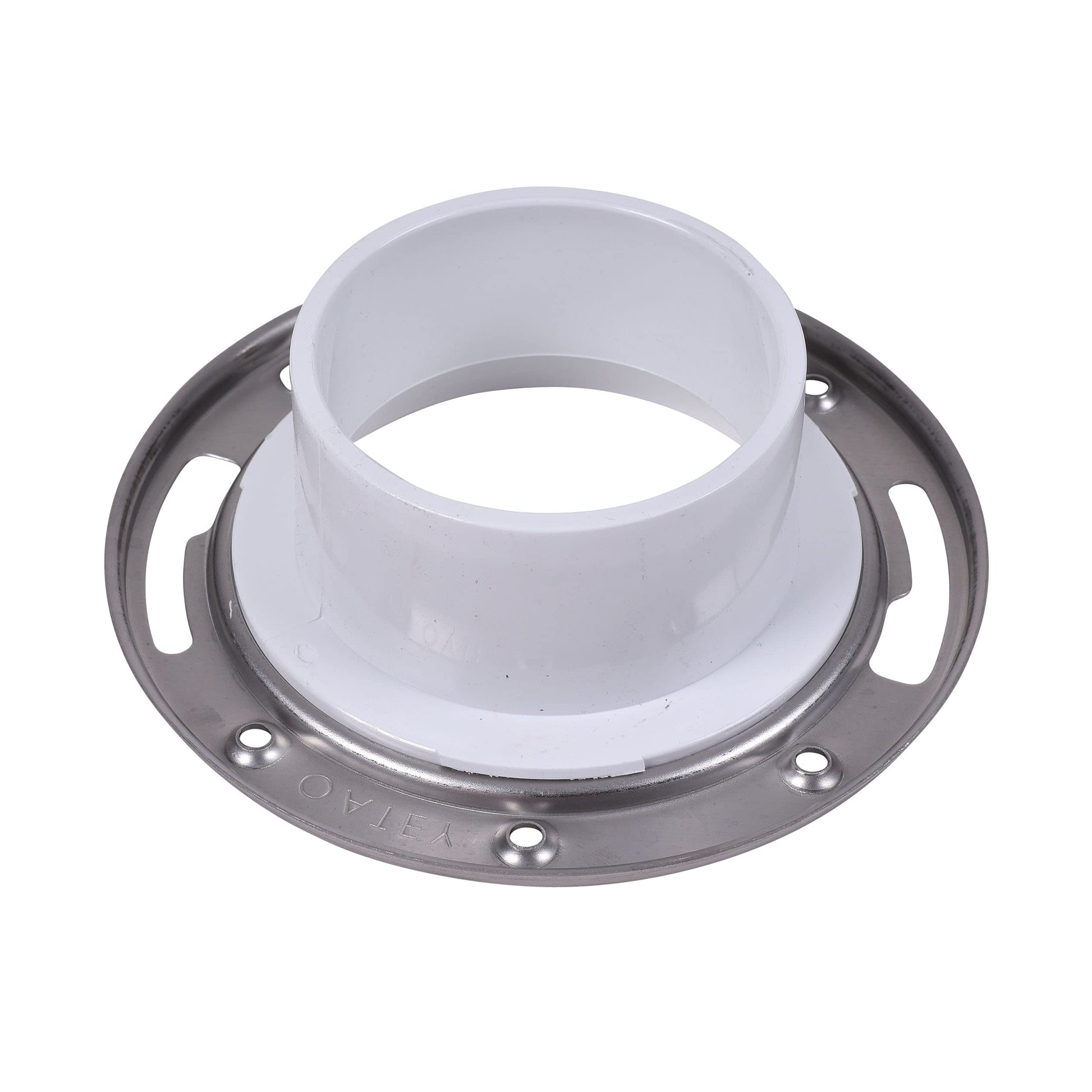 White PVC closet flange with stainless steel ring and mounting holes, shown from above.