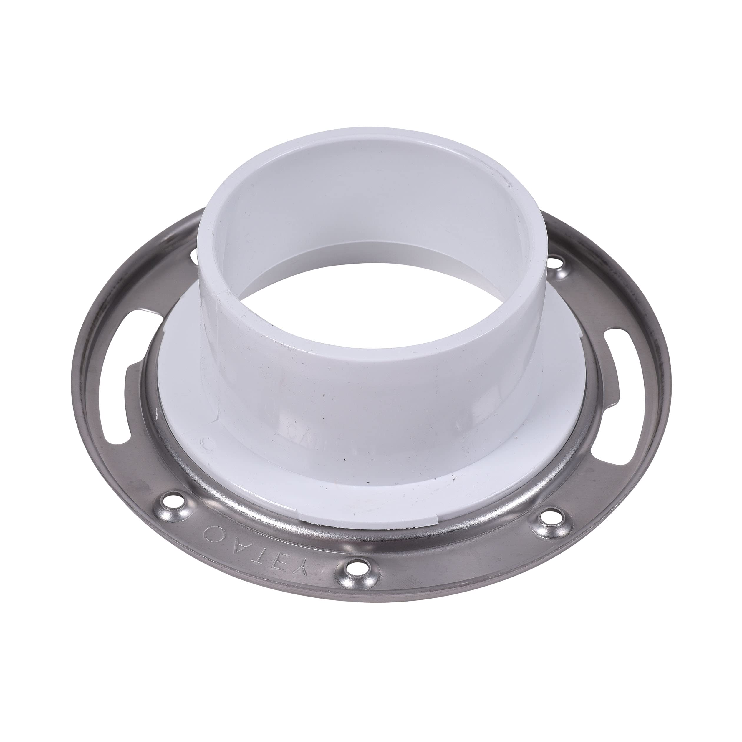 White PVC closet flange with stainless steel ring and mounting holes.
