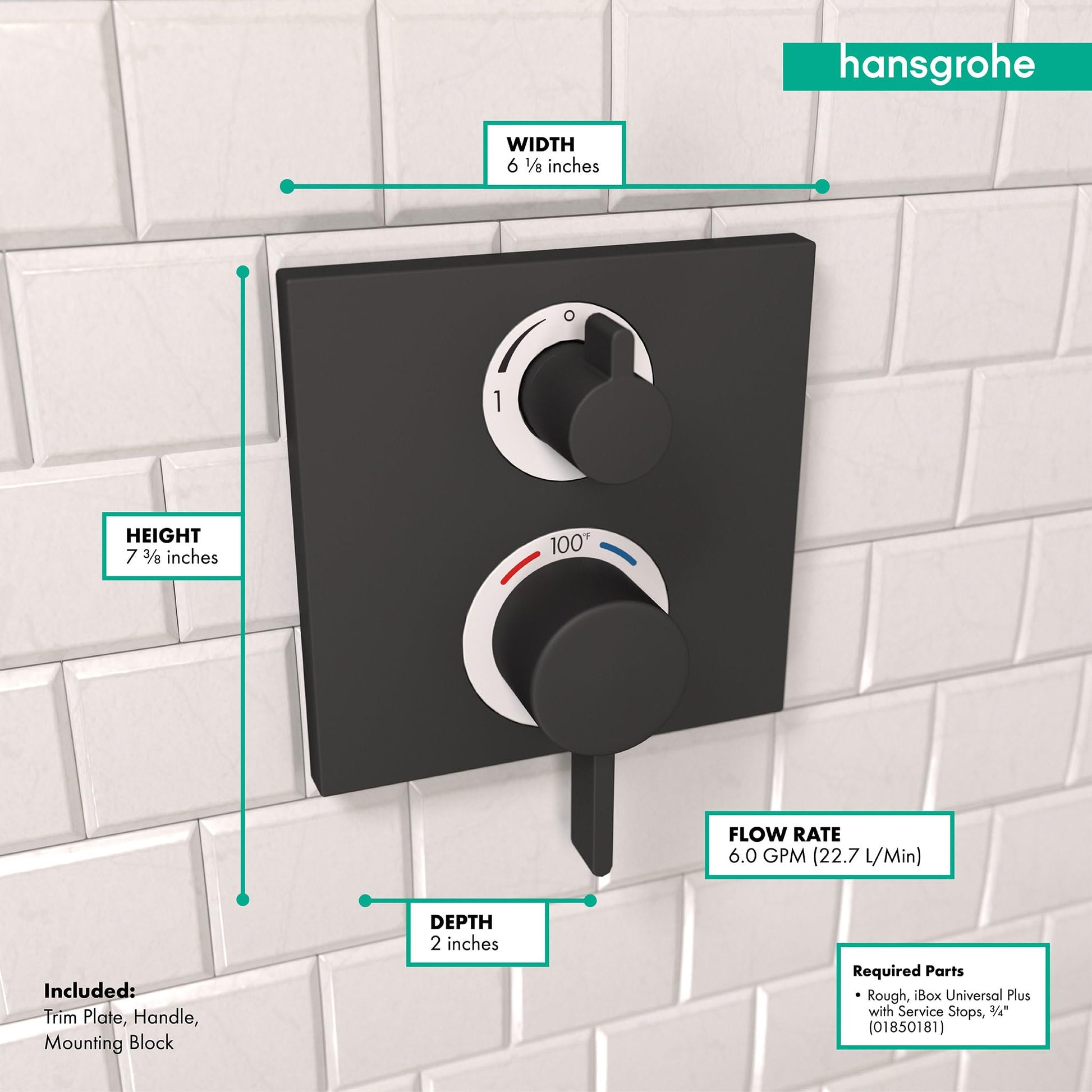 Matte black thermostatic trim plate with two white-accented control knobs mounted on white subway tile wall.