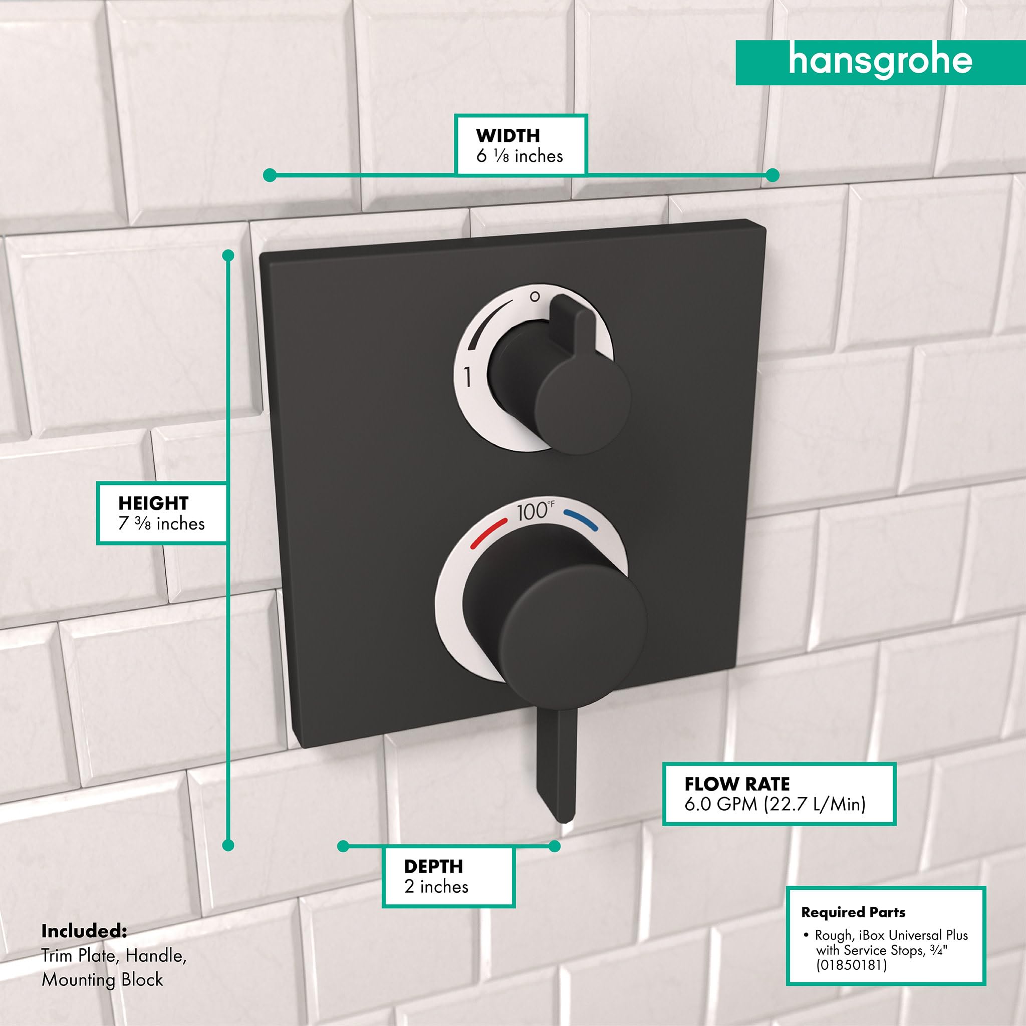 Matte black thermostatic trim plate with two white-accented control knobs mounted on white subway tile wall.