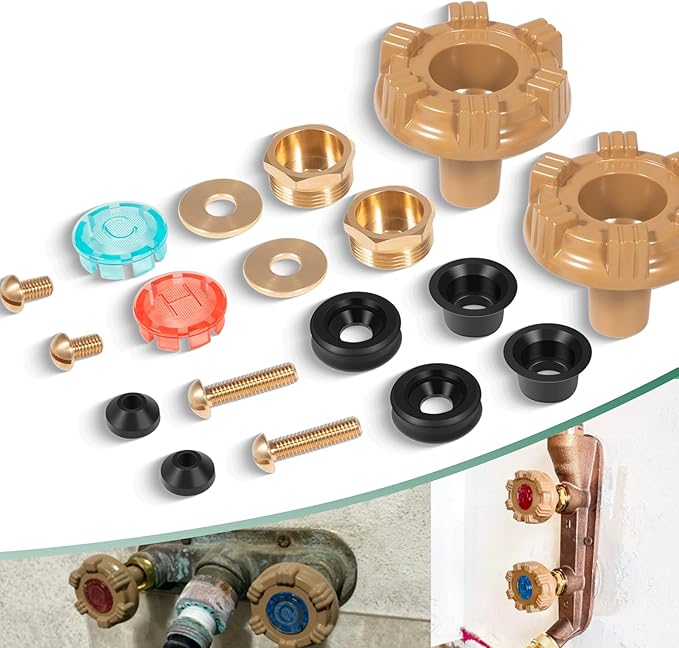 Woodford faucet repair kit containing brass fittings, metal handles in blue and red, screws, washers, and valve components.
