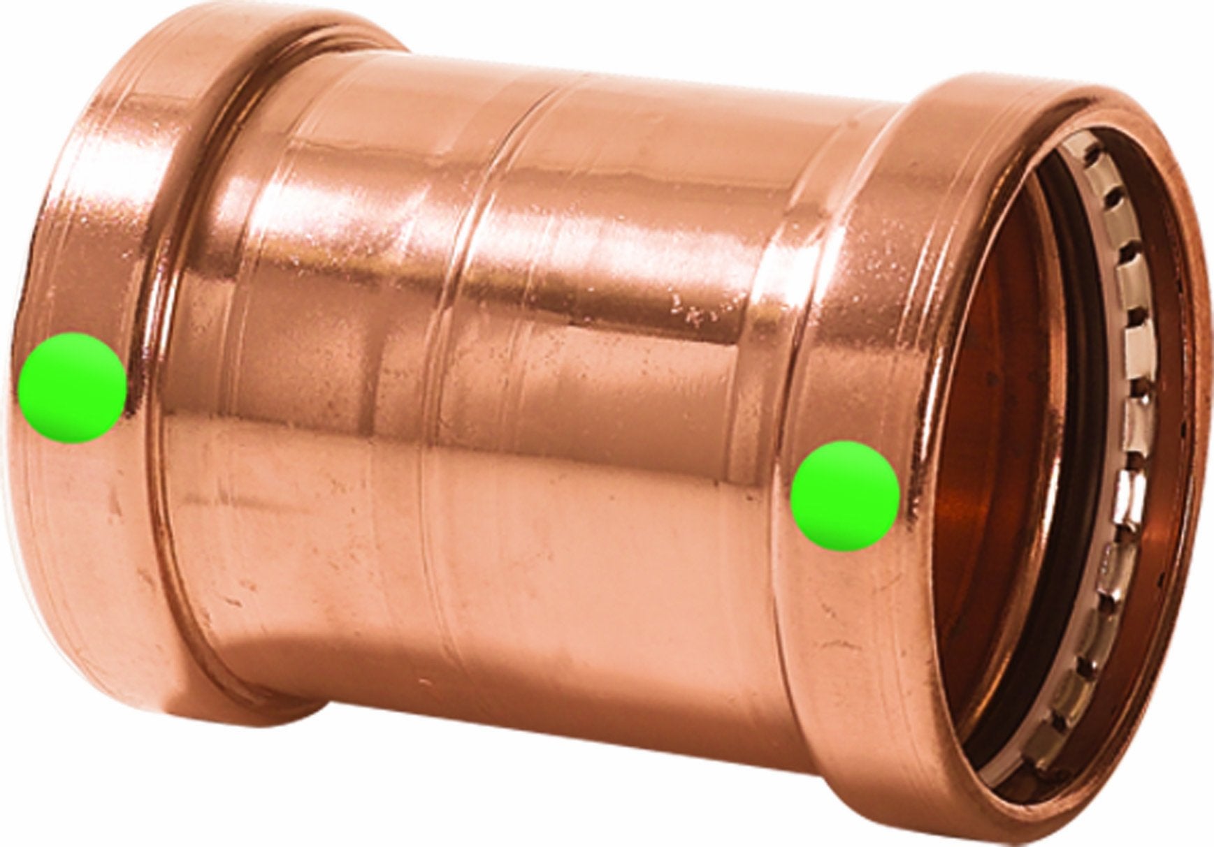 Copper press coupling with two green indicator dots and internal contact rings visible on one end.