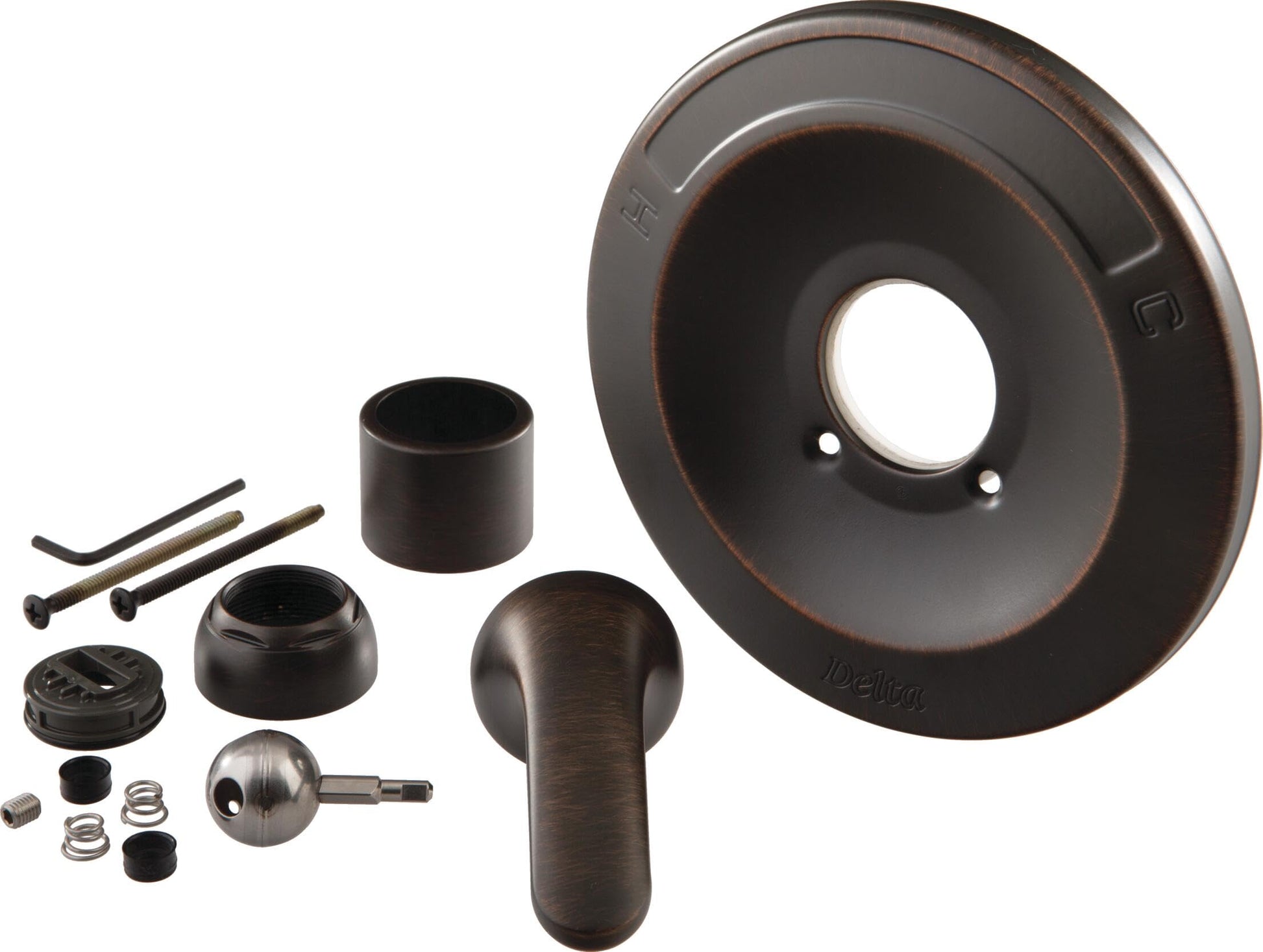 Venetian bronze tub and shower renovation kit components including escutcheon, spout, handle, mounting hardware, and fastener