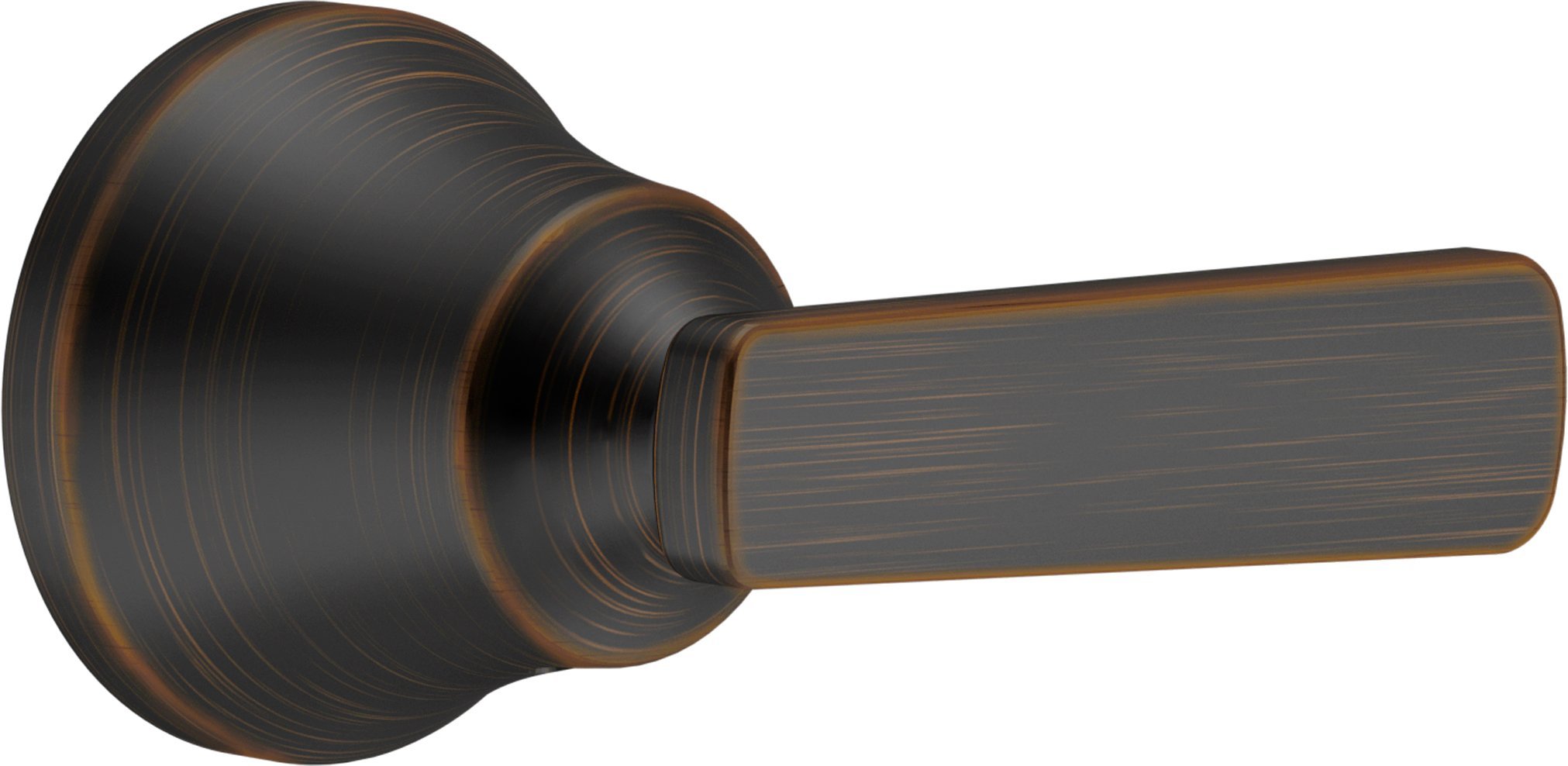 Venetian bronze metal lever handle with cylindrical escutcheon plate and textured finish.