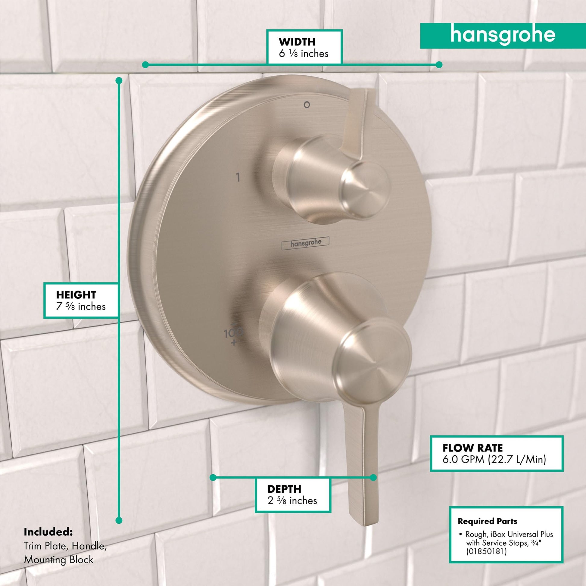 Brushed nickel round thermostatic shower trim with two cylindrical handles mounted on white subway tile, showing width 6 1/8 