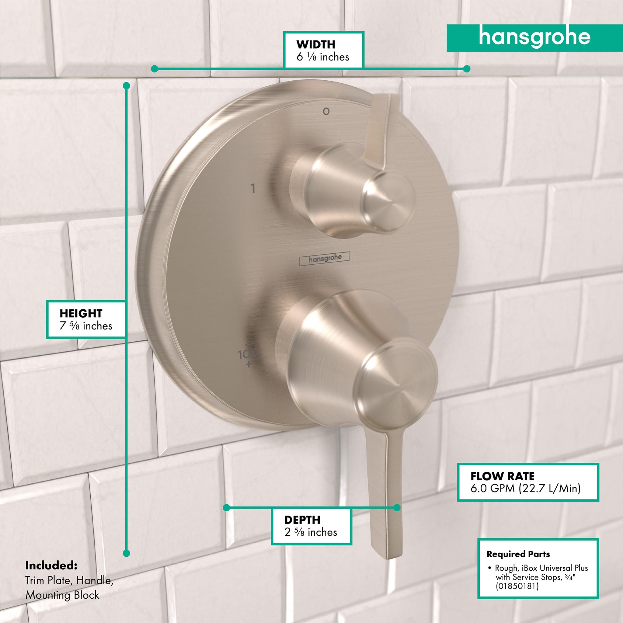 Brushed nickel round thermostatic shower trim with two cylindrical handles mounted on white subway tile, showing width 6 1/8 