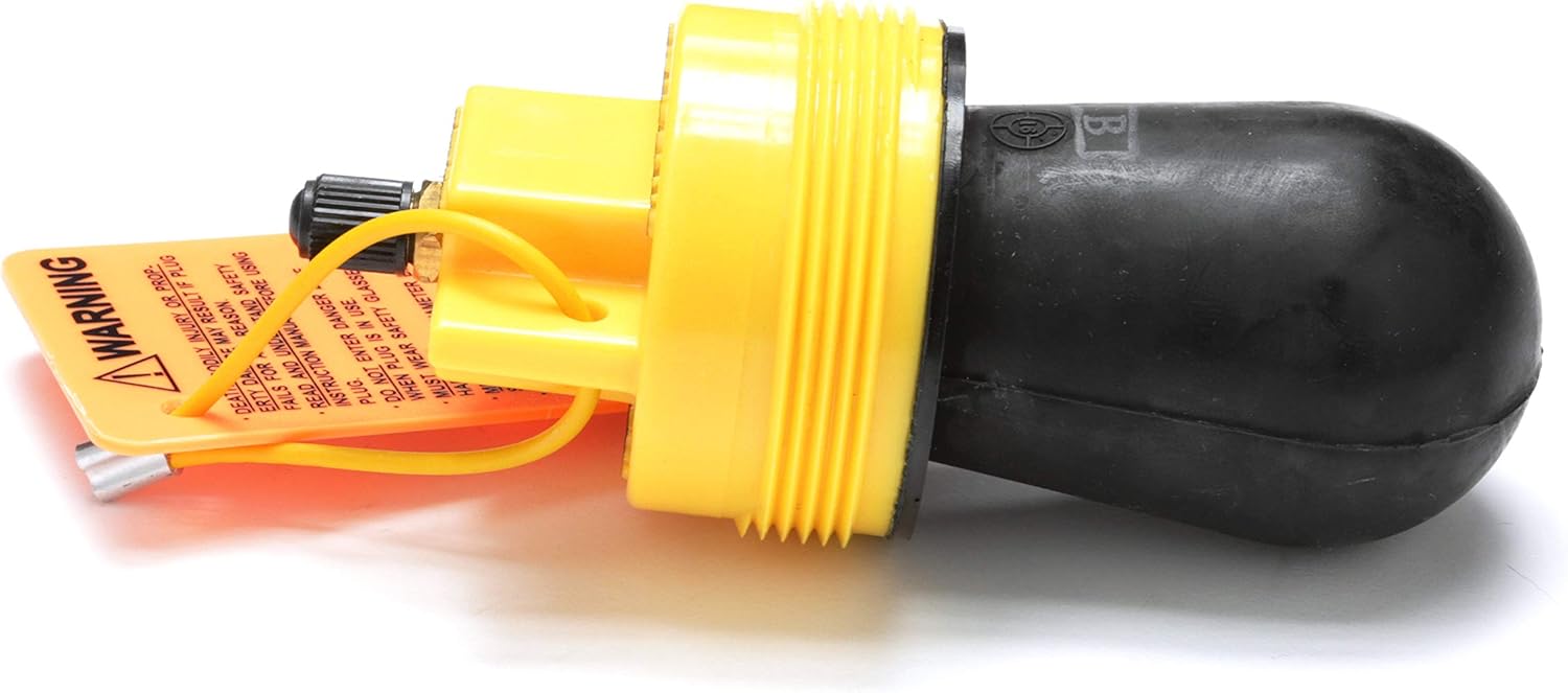 Yellow and black pneumatic plug with ribbed collar, black inflatable bladder, and yellow warning tag attached.