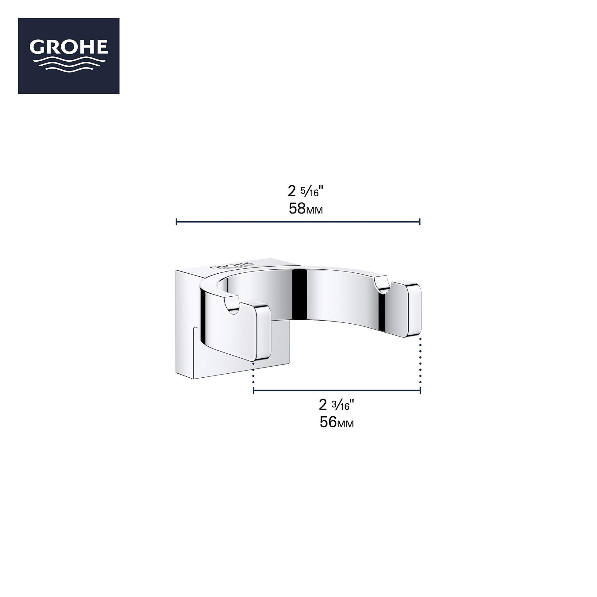 Grohe Selection brushed nickel robe hook with curved arm and square mounting plate, 58mm width.