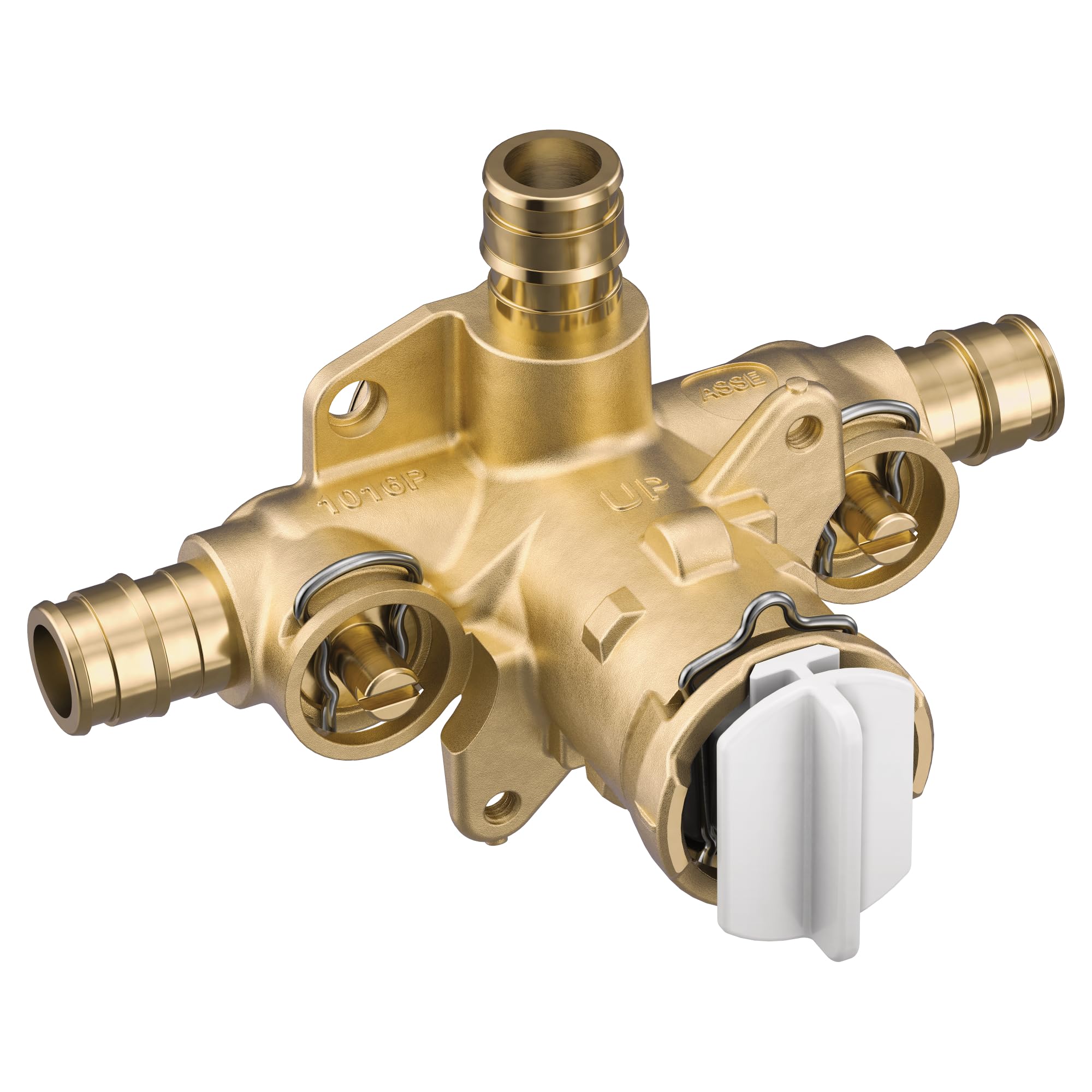 Brass pressure balancing valve with PEX connections and white adjustment lever handle.