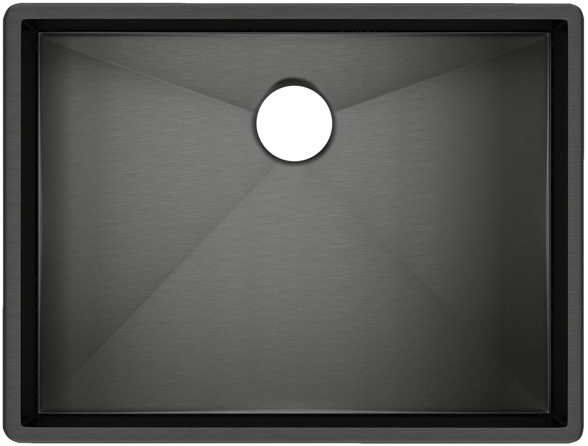 Black stainless steel single bowl kitchen sink with rounded corners and drain hole, viewed from above.