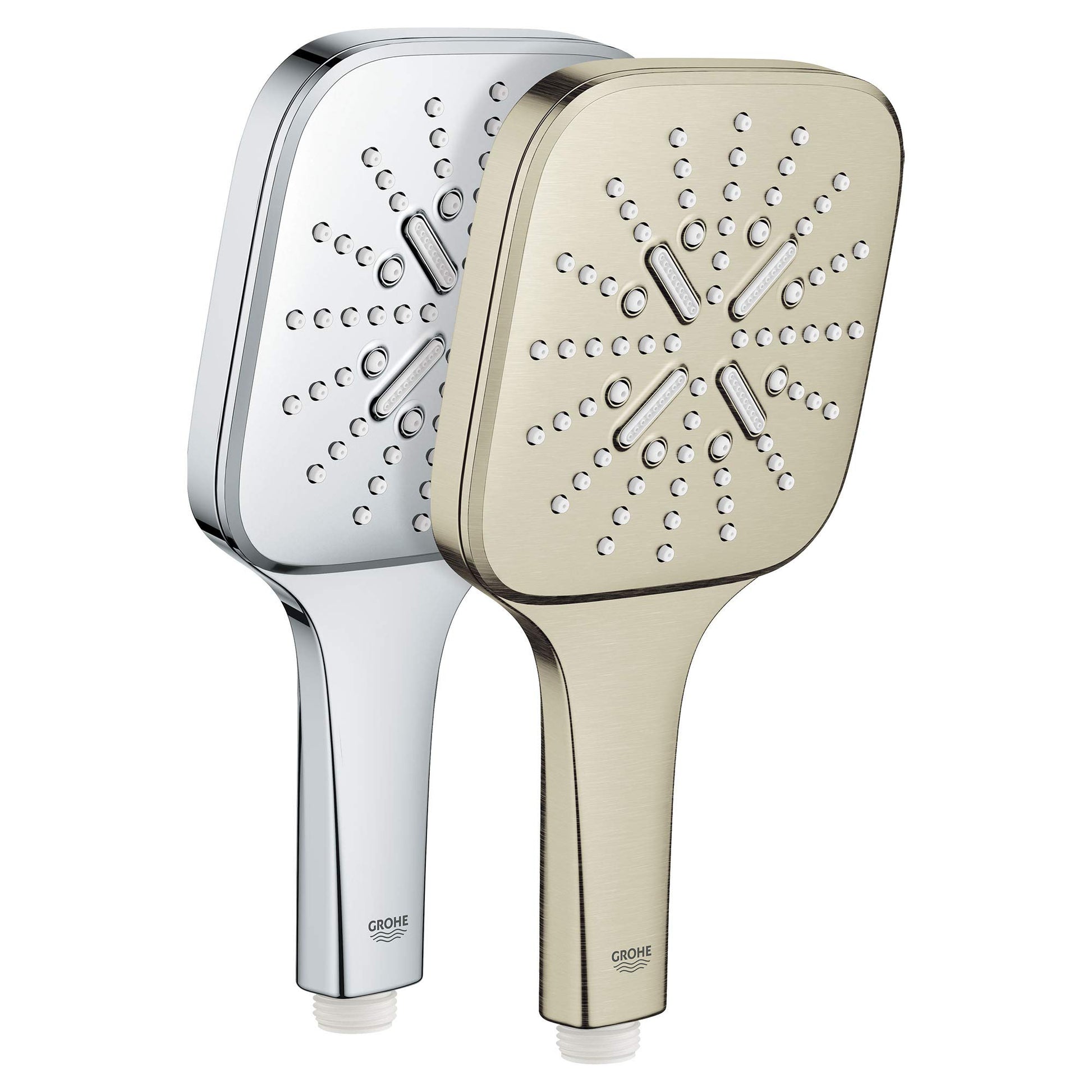 Two Grohe Rainshower hand showers with square heads and multiple spray holes, one in brushed nickel and one in brushed nickel