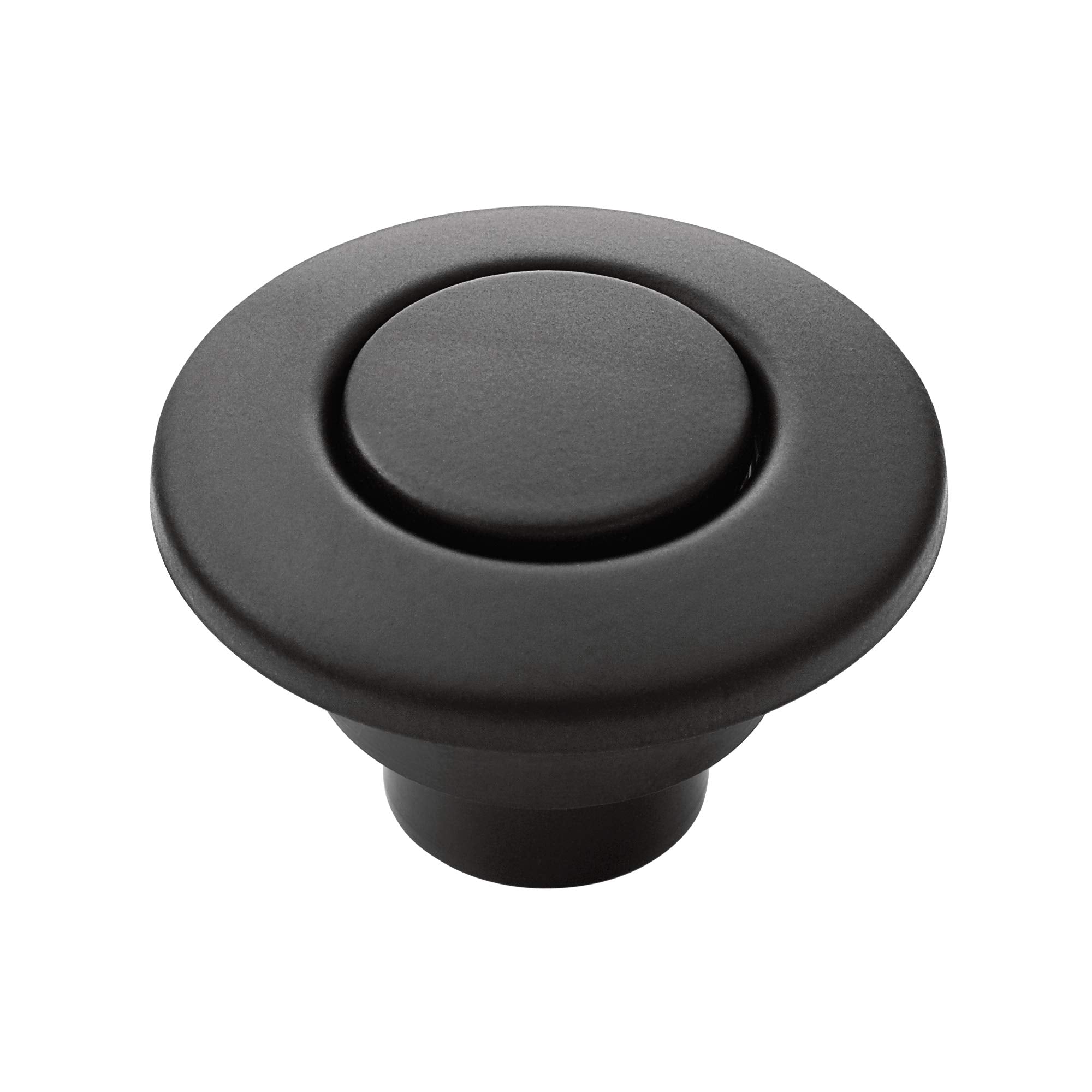 Matte black round air switch button with recessed center and cylindrical stem for garbage disposal.