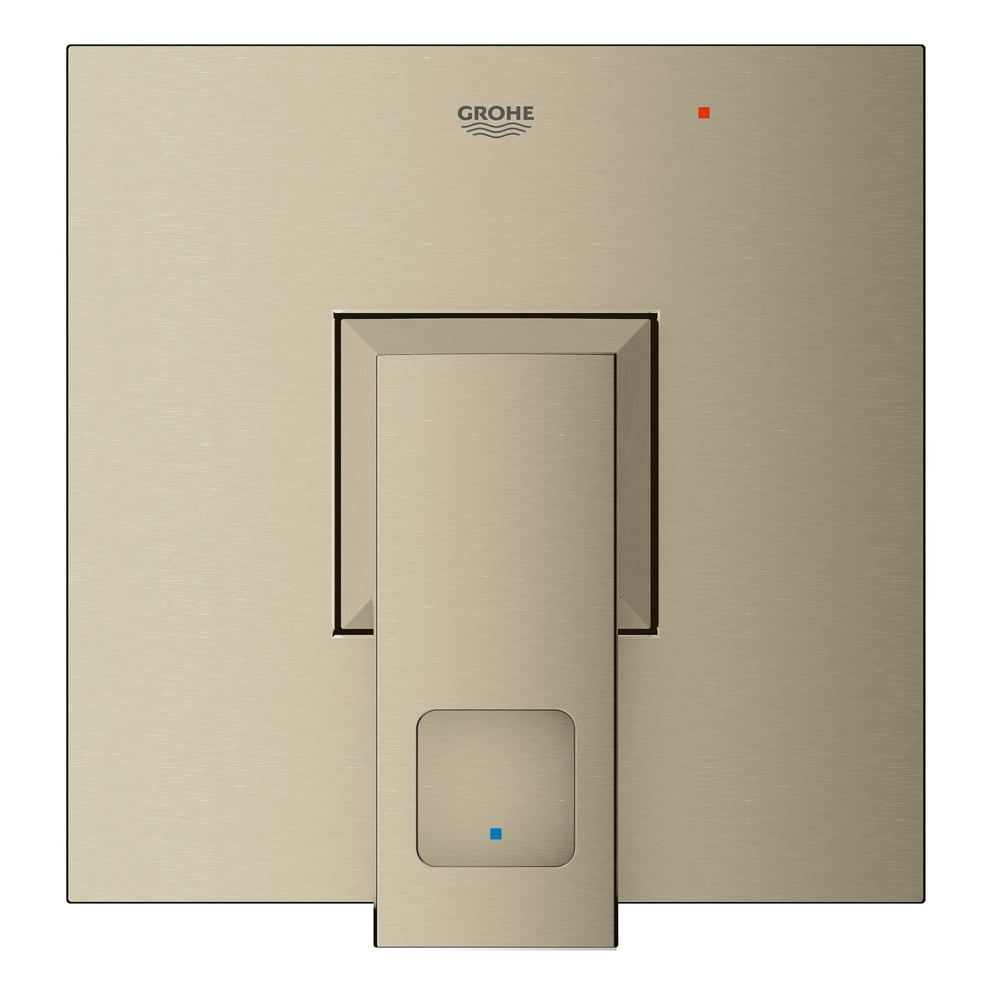 Grohe Eurocube brushed nickel pressure balance valve trim with square escutcheon and control handle.