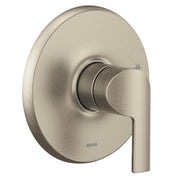 Brushed nickel shower trim with round escutcheon plate and single lever handle.