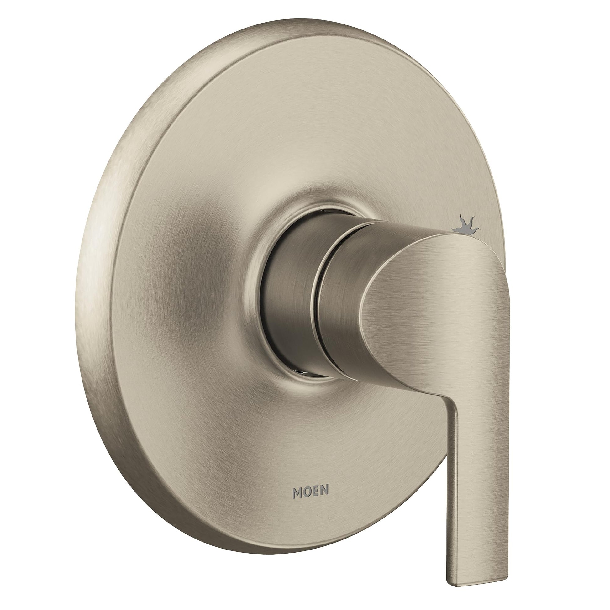 Brushed nickel shower trim with round escutcheon plate and single lever handle.