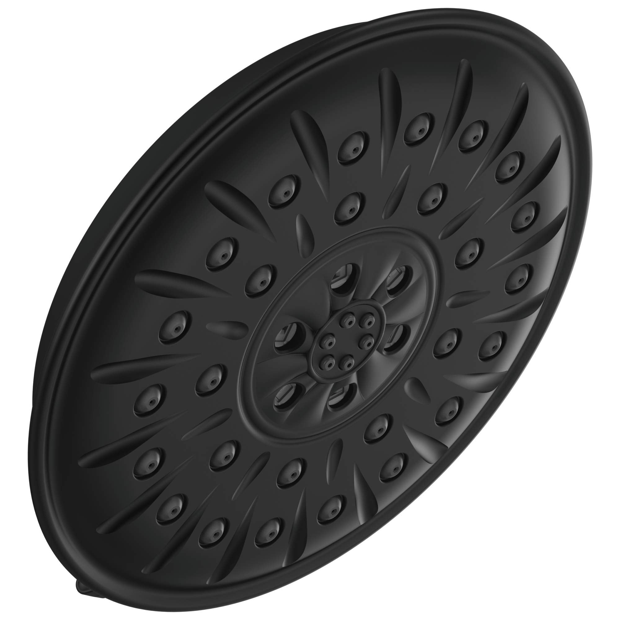 Black round shower head with multiple spray nozzles arranged in concentric circular pattern.