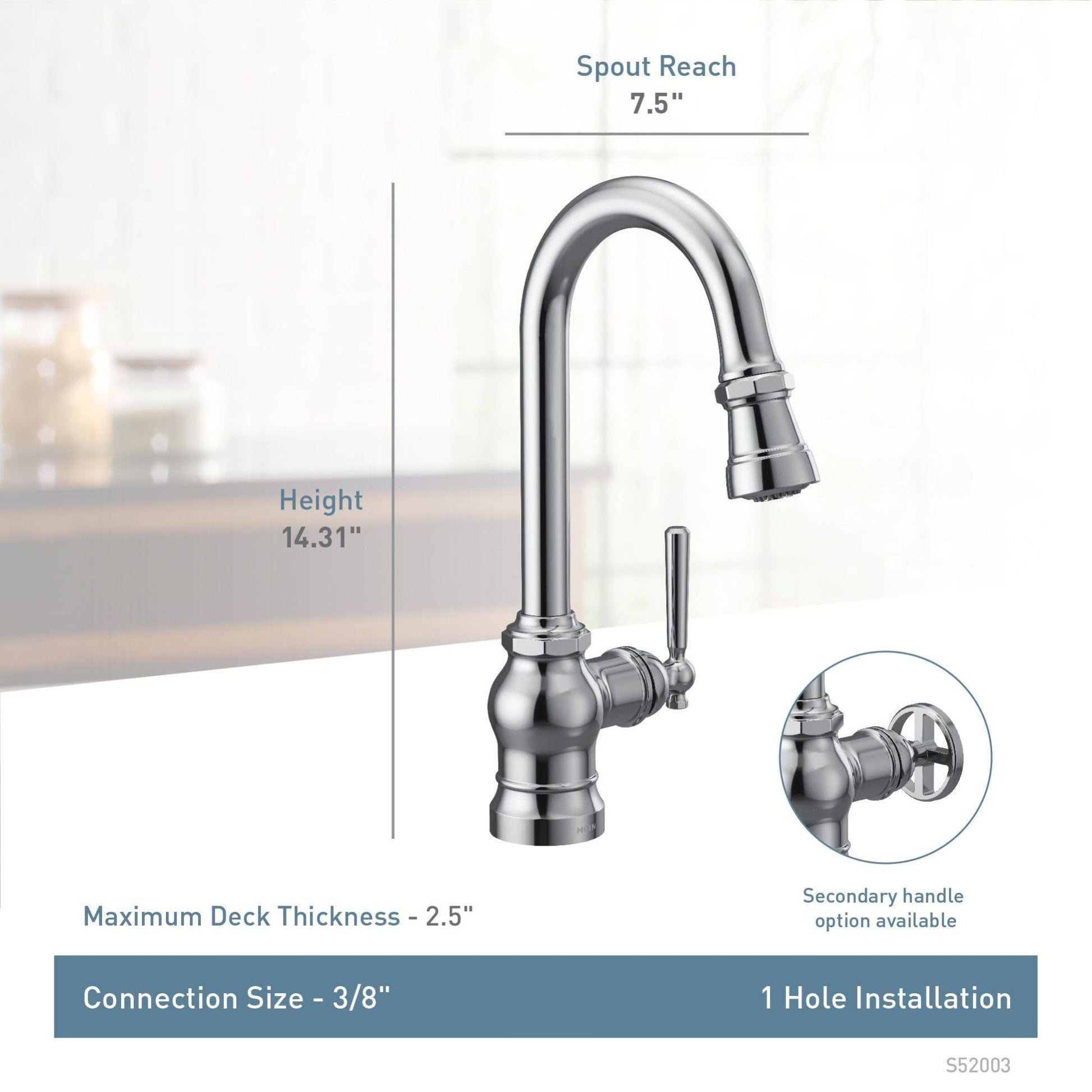 Stainless steel pulldown bar faucet with curved spout, single handle, and interchangeable secondary handle option shown.