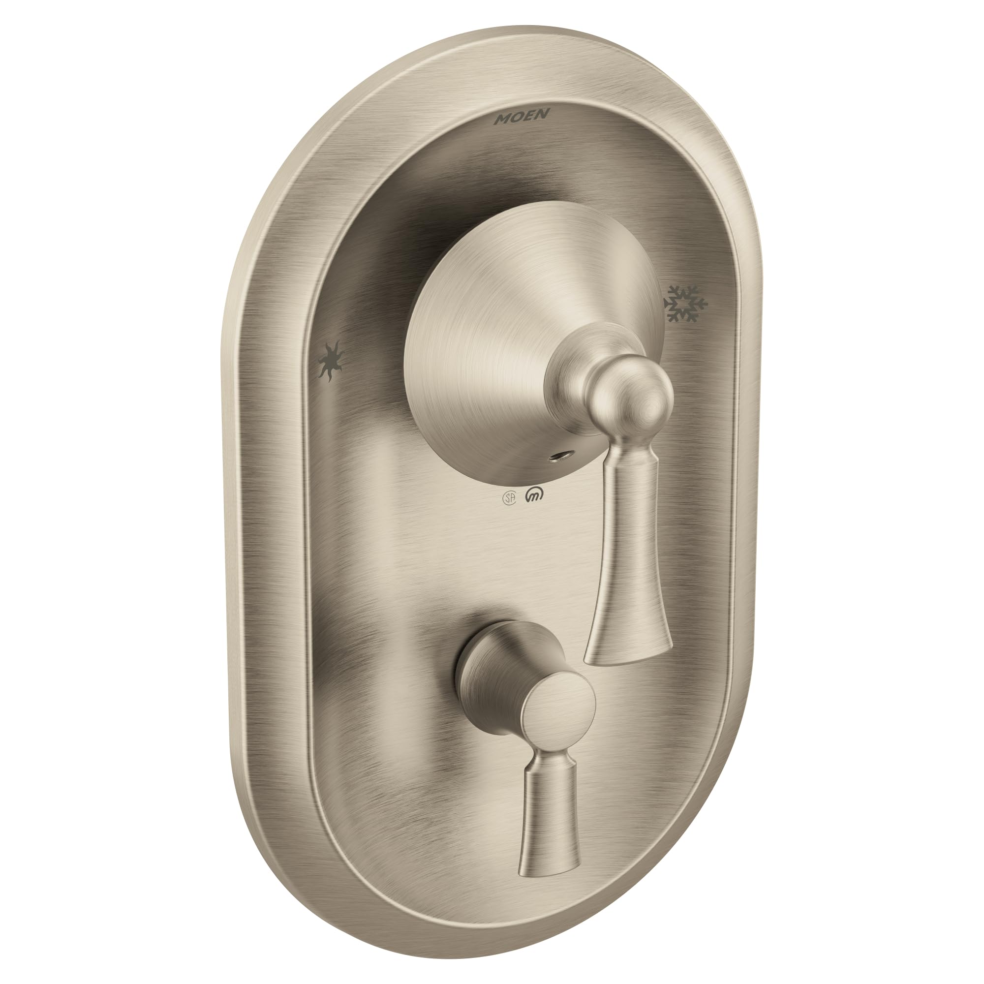 Brushed nickel shower valve trim with oval backplate, central lever handle, and lower diverter knob.