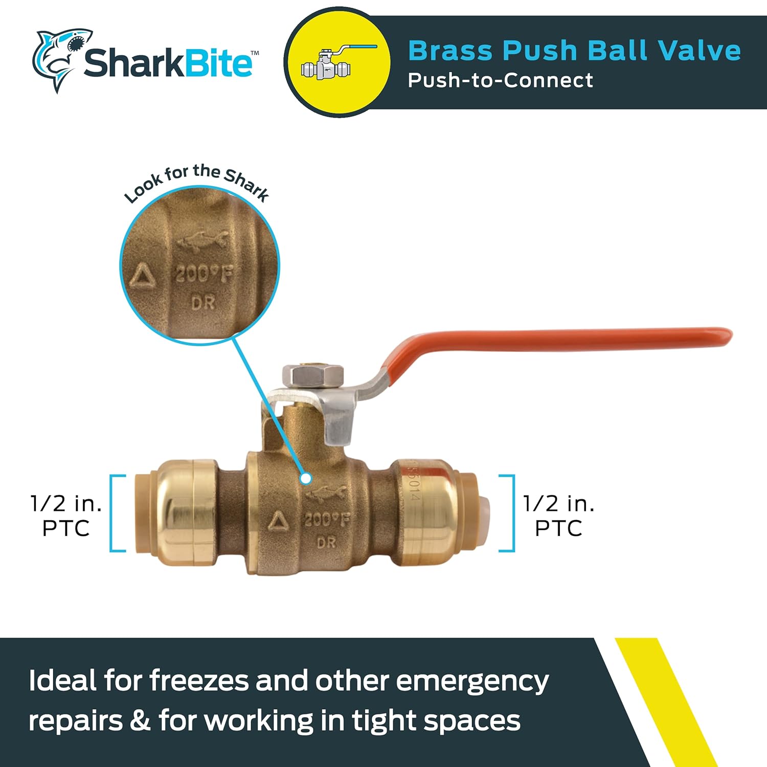 Brass push ball valve with 1/2 inch PTC connections on both ends and red handle lever.