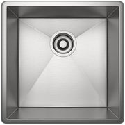 Brushed stainless steel single bowl kitchen sink with drain opening, viewed from above.