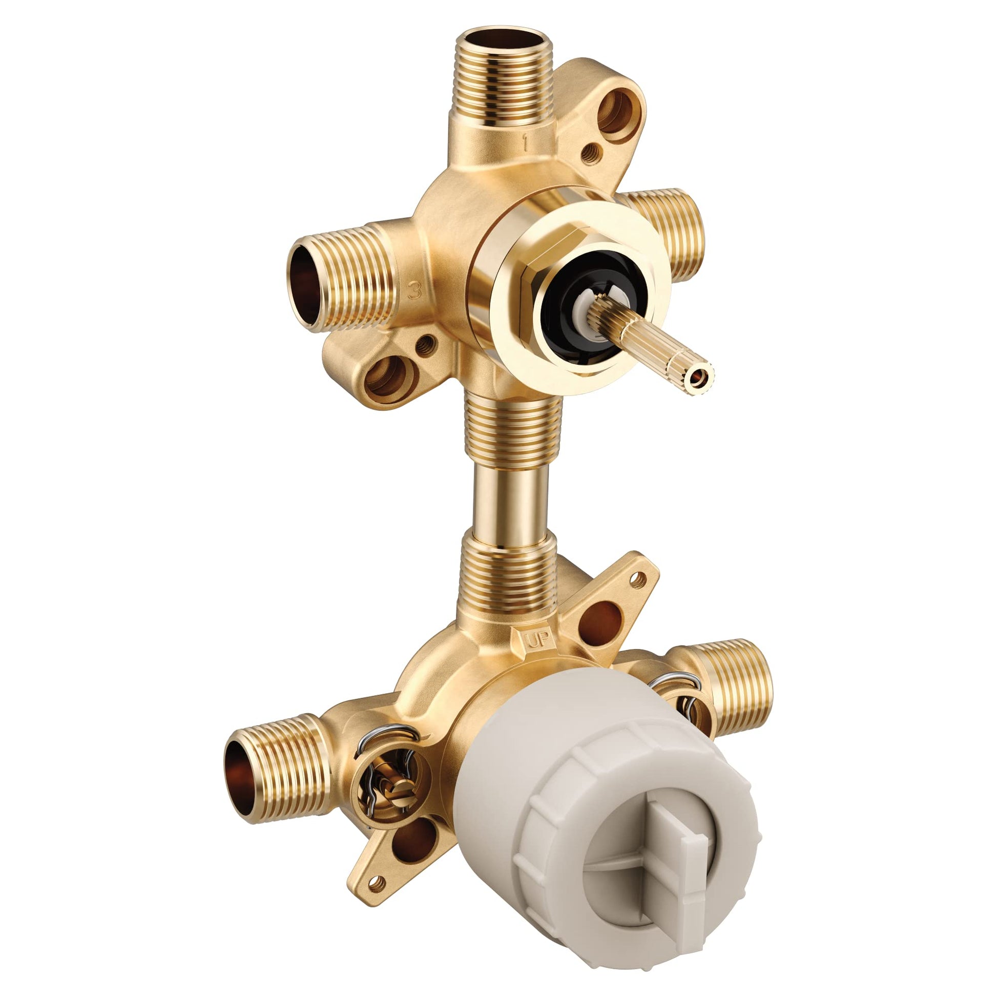Brass transfer valve with multiple threaded ports, central diverter stem, and white cartridge body at base.