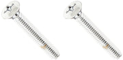 Two chrome Phillips head screws with flat overflow plate tops and threaded shafts.