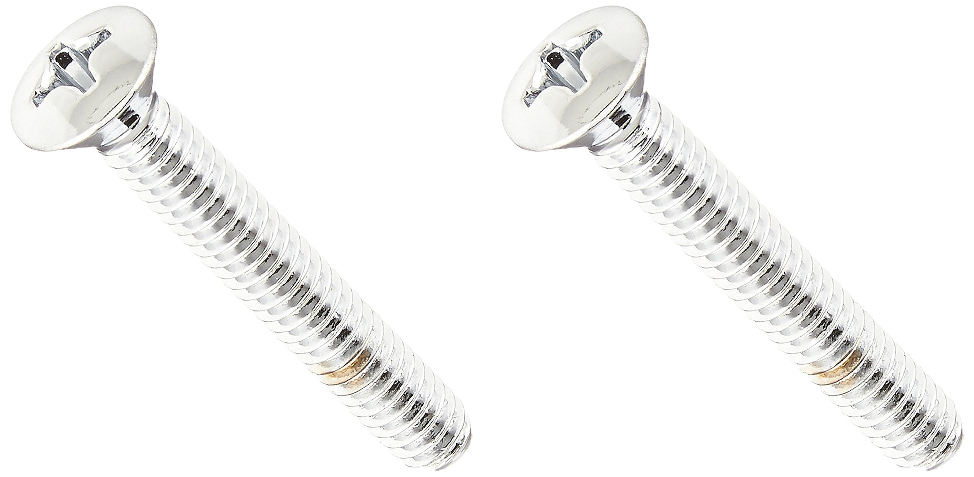 Two chrome Phillips head screws with flat overflow plate tops and threaded shafts.
