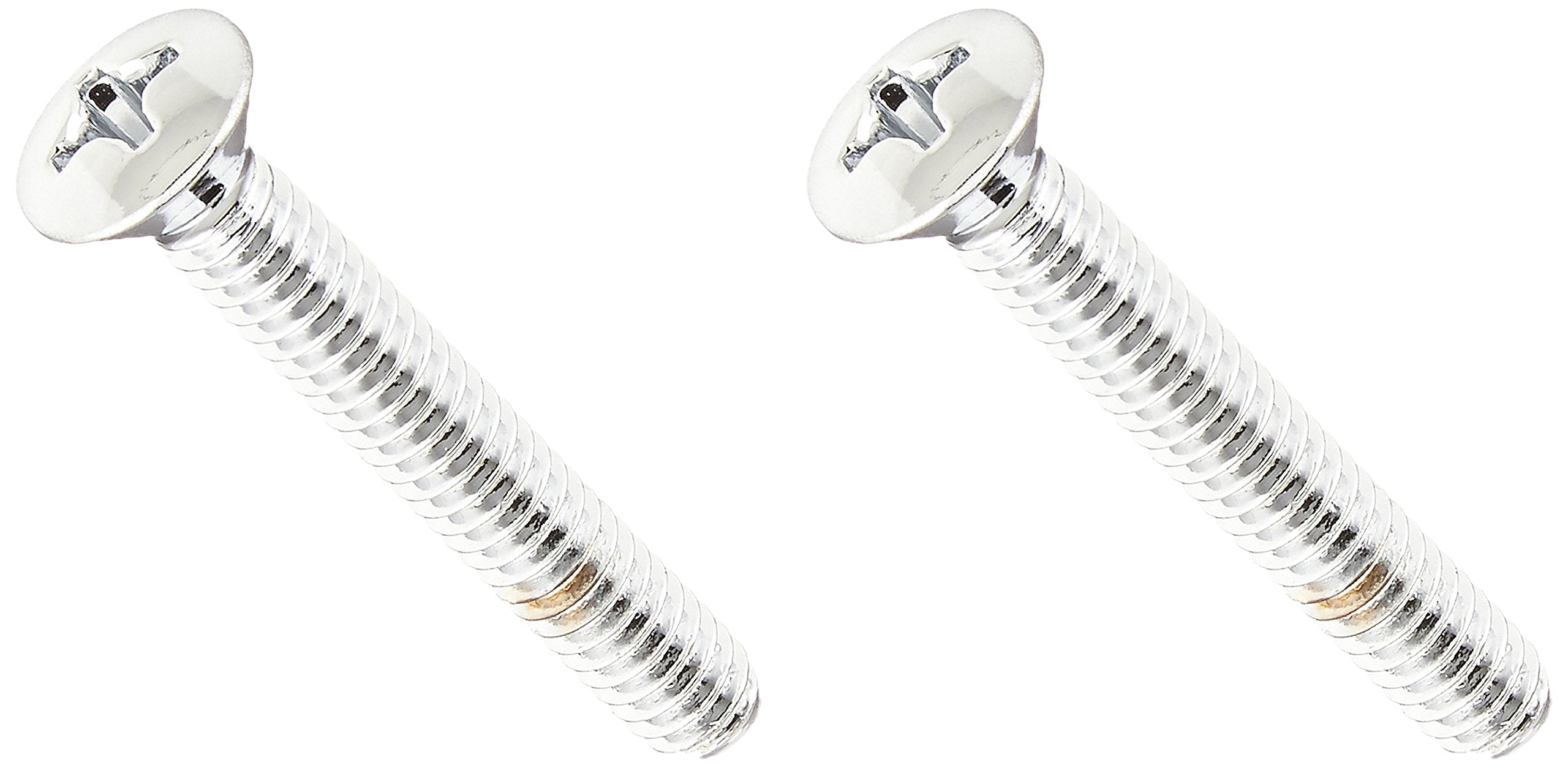 Two chrome Phillips head screws with flat overflow plate tops and threaded shafts.