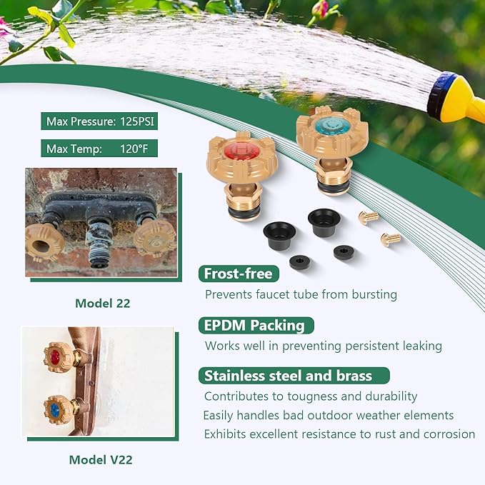 Woodford repair kit containing two brass valve handles with red and blue indicators, rubber washers, and metal components for