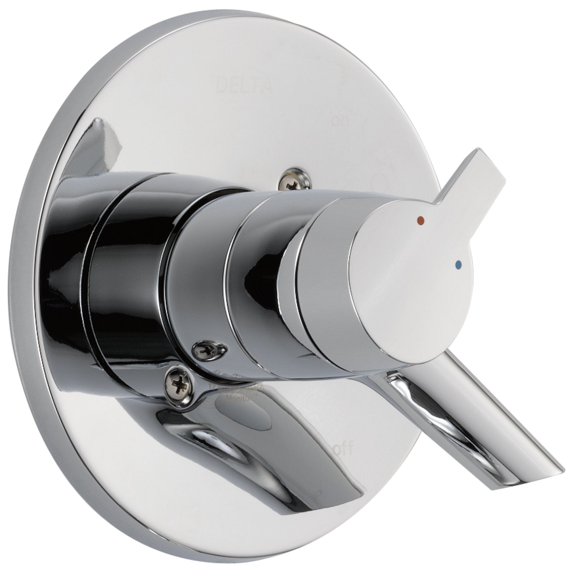 Chrome single-handle lever shower valve trim with round escutcheon and temperature indicator dots.