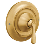 Brushed gold single-handle shower valve trim with lever handle and concentric escutcheon plate.