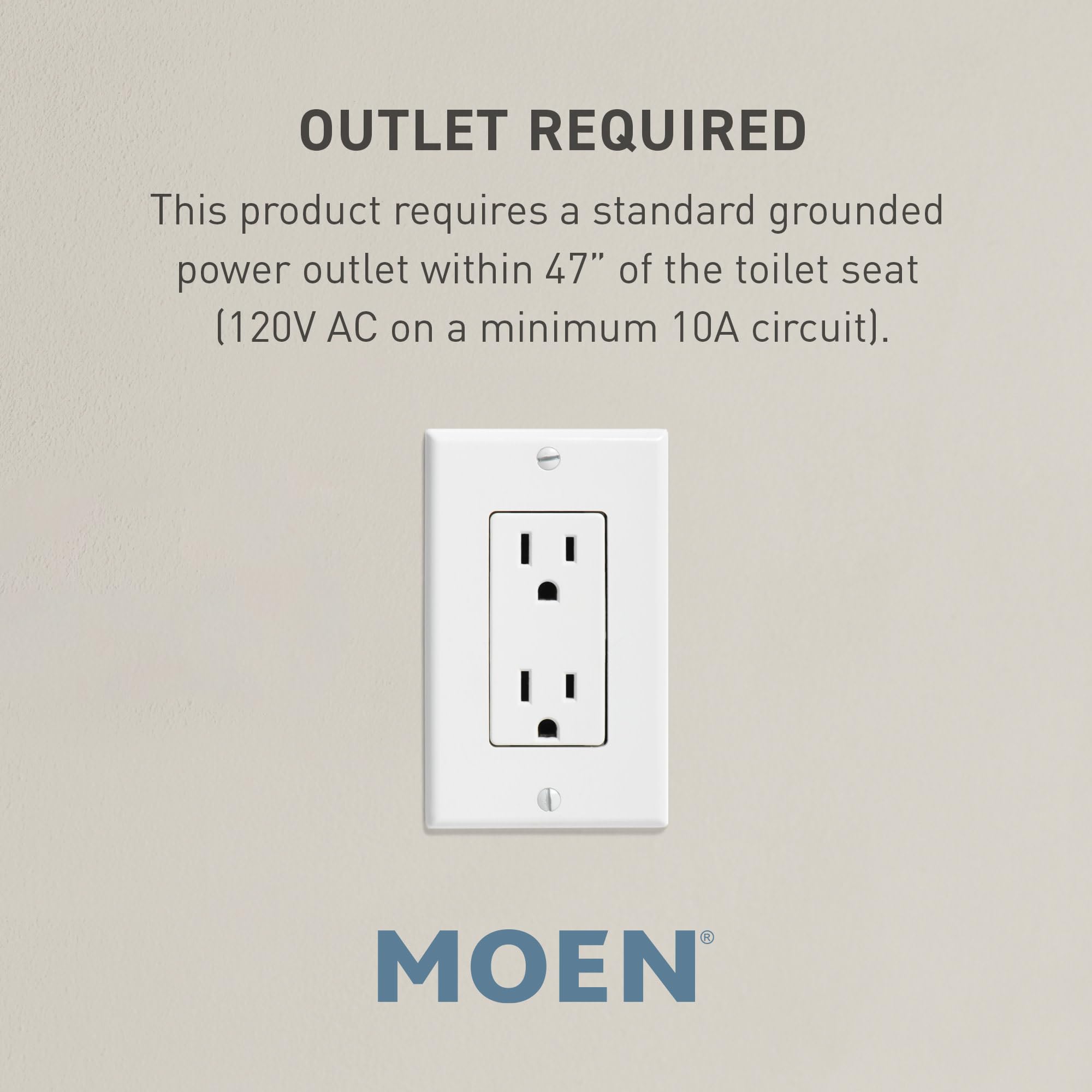 White wall outlet plate with two standard electrical receptacles and text stating outlet requirements for the bidet toilet se