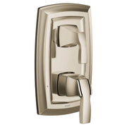 Polished nickel shower trim with two rectangular handles and integrated transfer valve on vertical mounting plate.