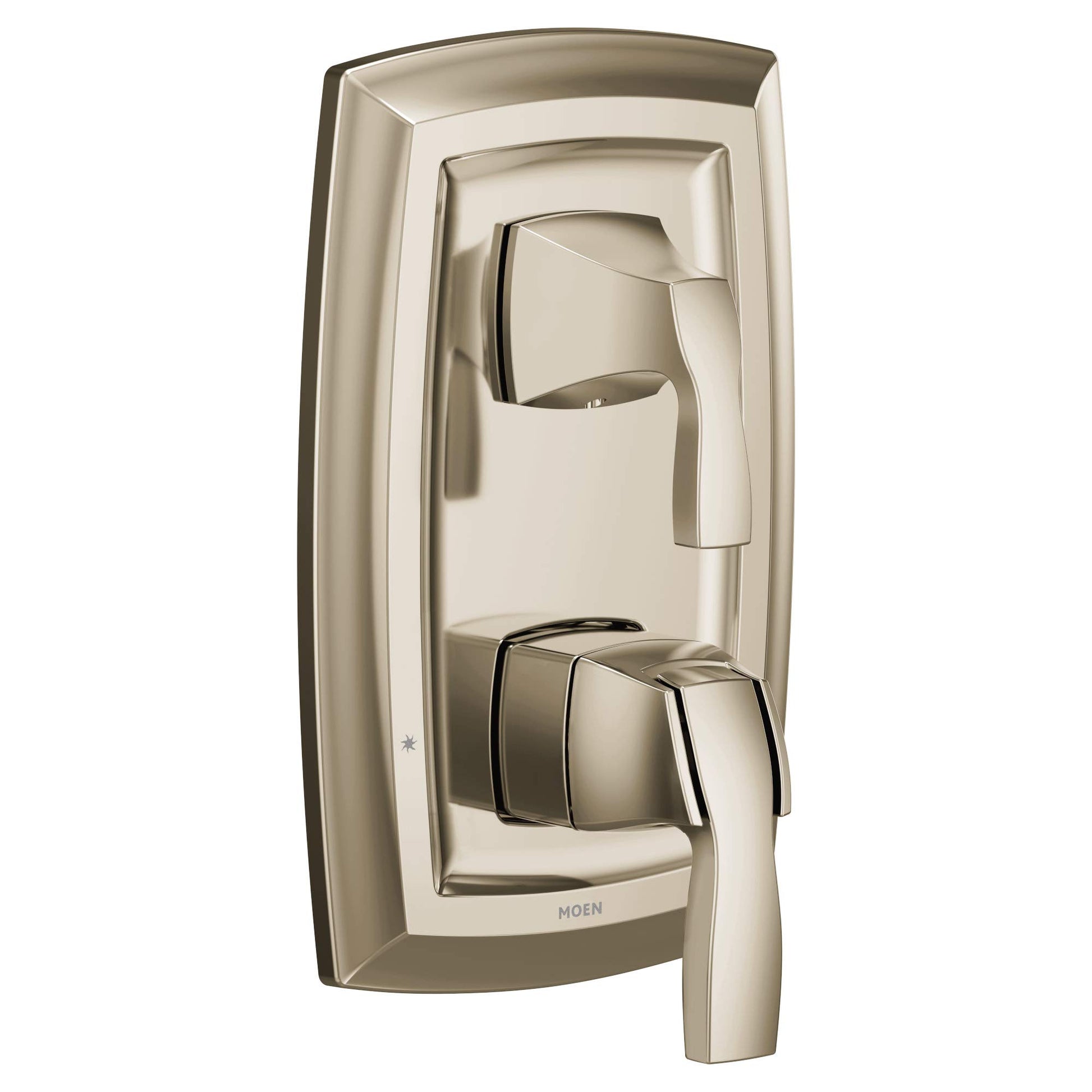 Polished nickel shower trim with two rectangular handles and integrated transfer valve on vertical mounting plate.