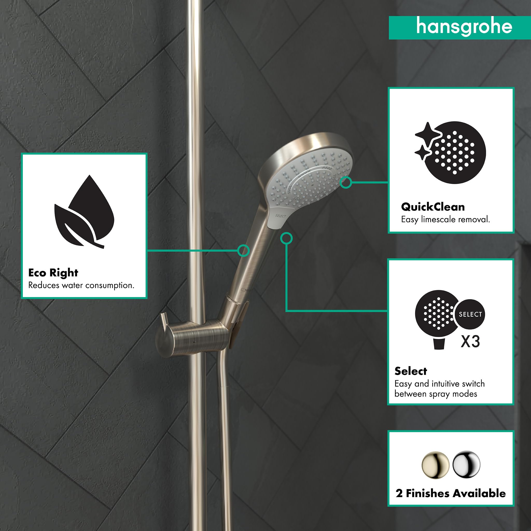 Brushed nickel handheld showerhead with round spray face mounted on vertical rail against tiled wall.