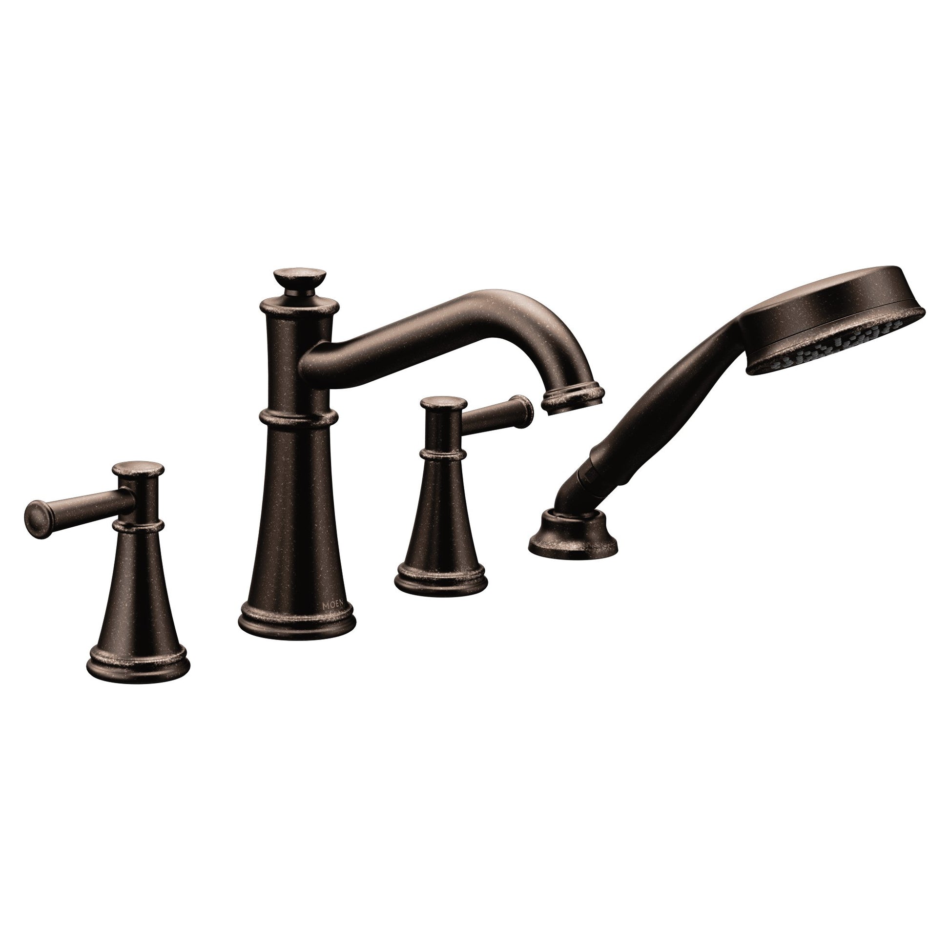 Oil rubbed bronze two-handle deck mounted tub faucet with curved spout and detachable hand shower.
