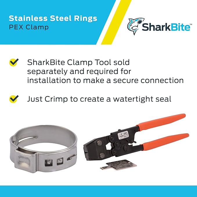 Stainless steel PEX clamp ring with crimping tool and installation instructions on blue background.