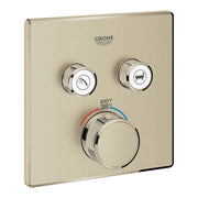Grohe brushed nickel thermostatic valve trim with two function buttons and central temperature dial showing 100°F/38°C.
