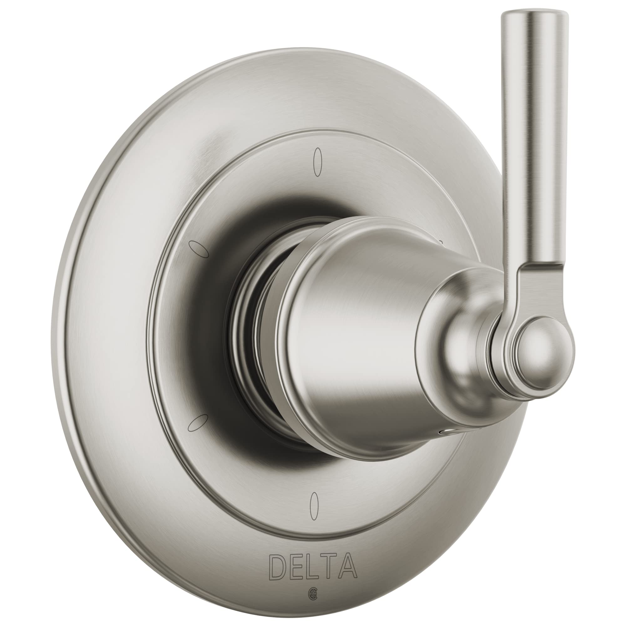 Brushed nickel diverter trim with round escutcheon plate, rotational lever handle, and setting indicators.