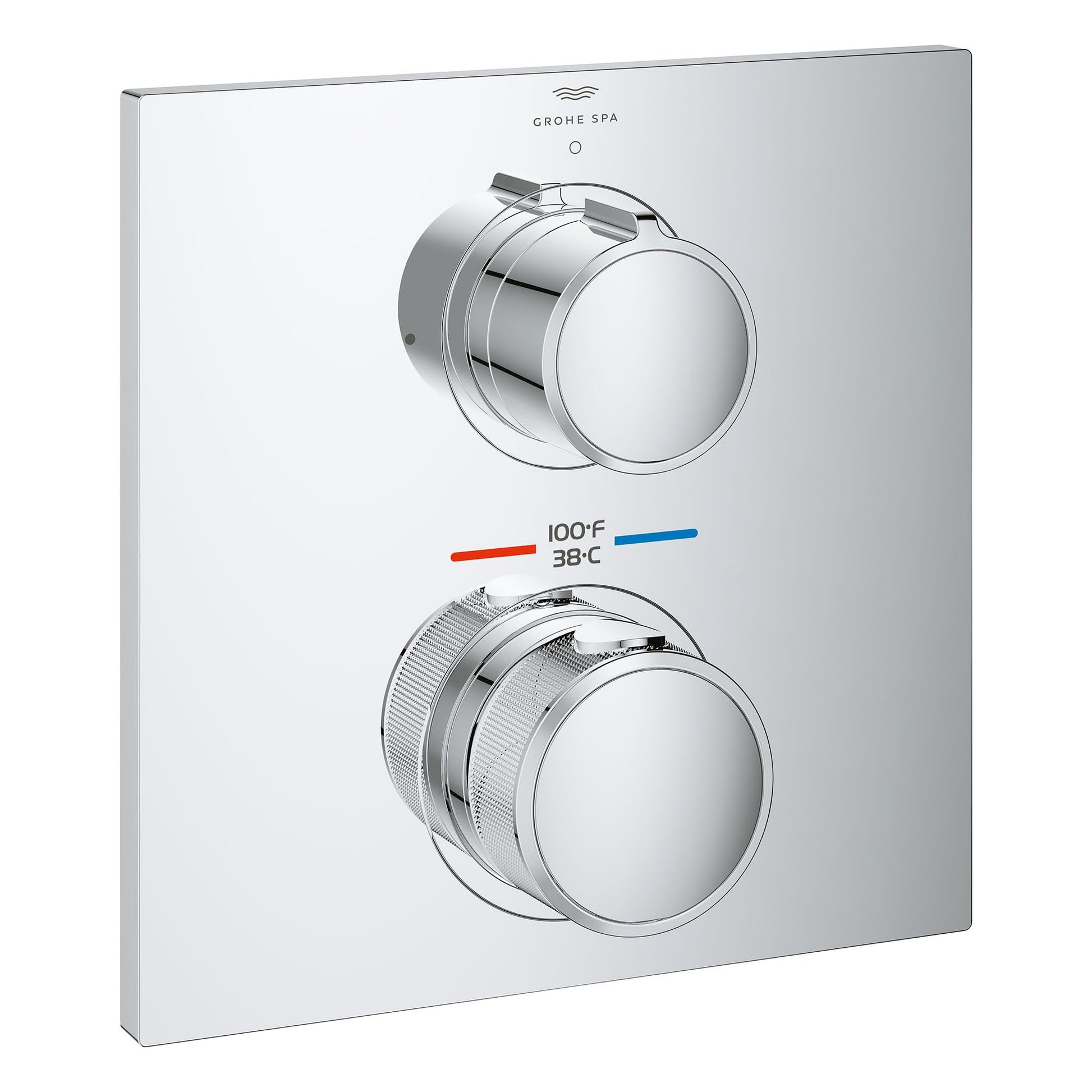 Chrome thermostatic valve trim with two circular handles, temperature display marking 100°F/38°C, and Grohe Spa branding on s