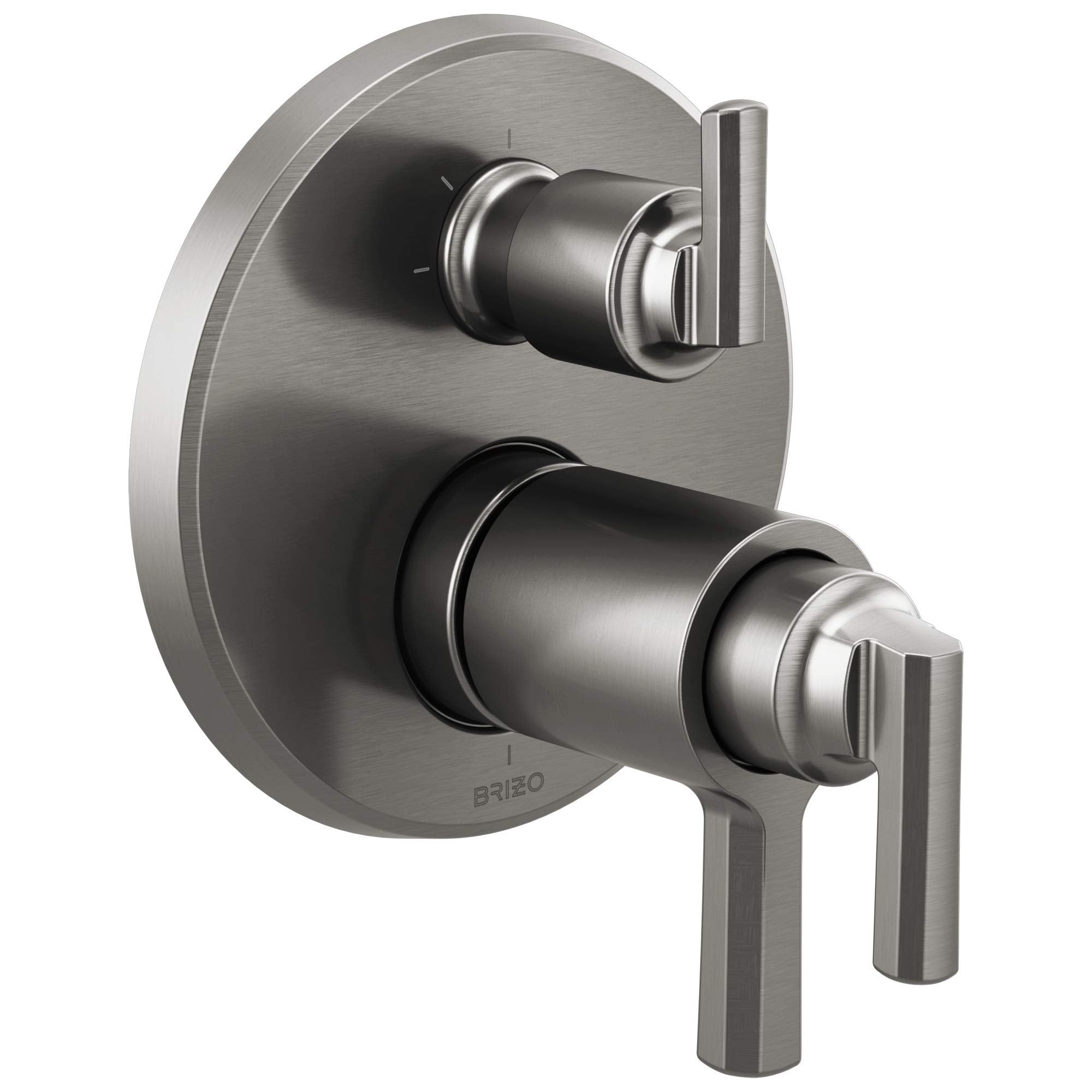 Brushed stainless steel thermostatic valve trim with dual lever handles mounted on circular backplate.