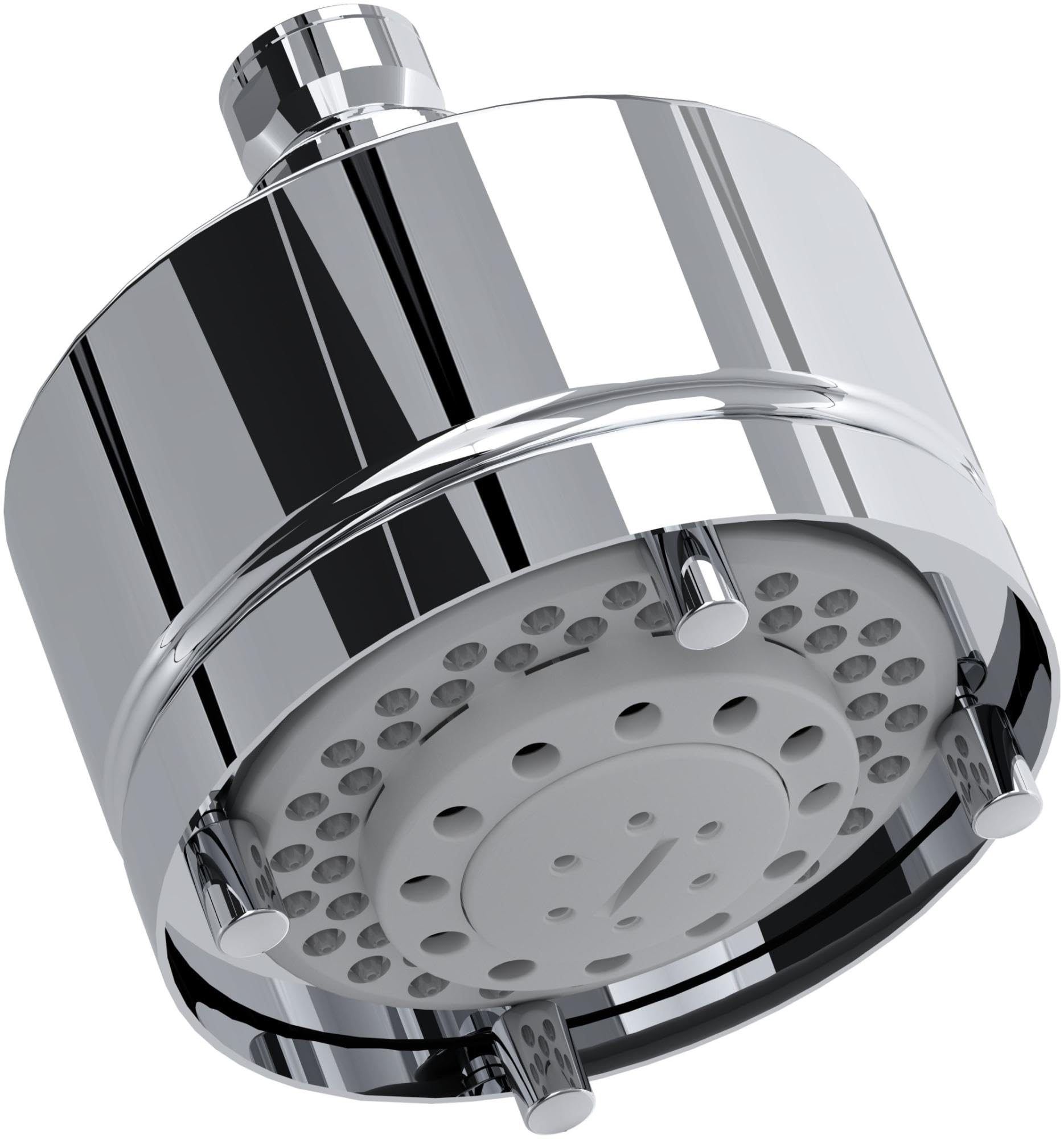 Polished chrome multi-function shower head with rounded head and multiple spray ports on the underside.