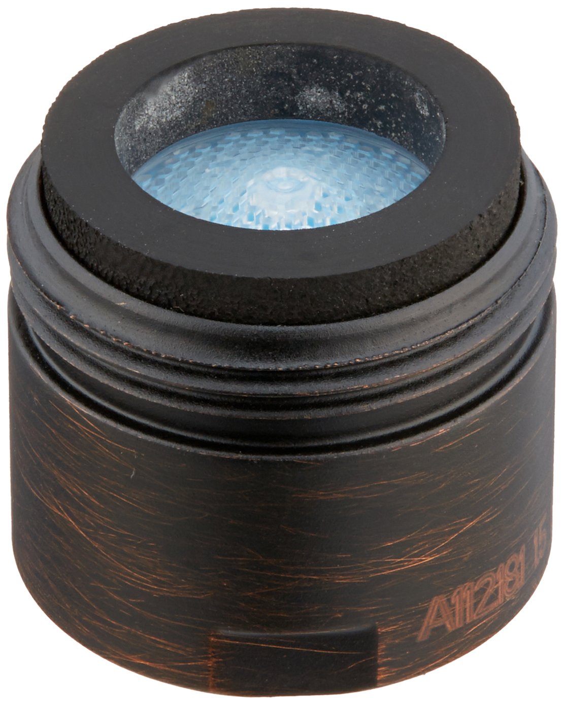 Venetian bronze aerator with blue mesh screen and threaded base for beverage faucet installation.