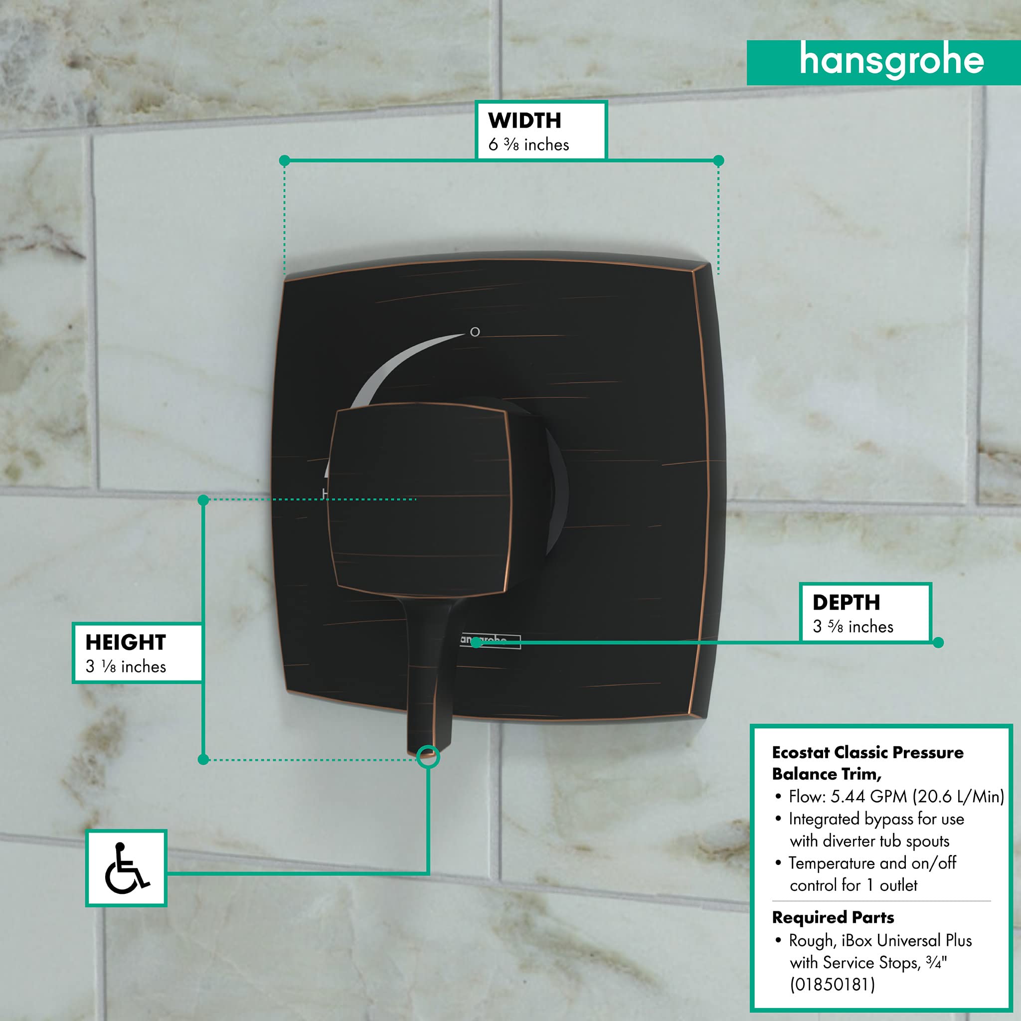 Square rubbed bronze pressure balance shower trim with single lever handle mounted on tile wall.