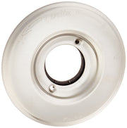 Circular stainless steel escutcheon with Delta branding, central opening, and two mounting holes.