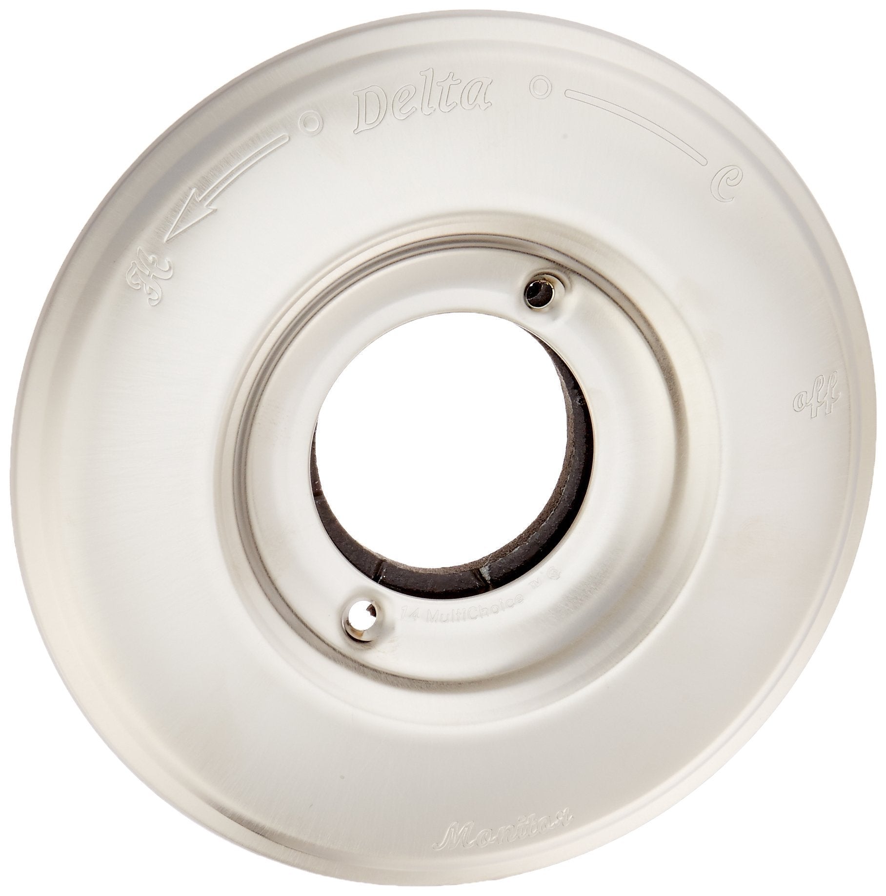 Circular stainless steel escutcheon with Delta branding, central opening, and two mounting holes.