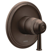Old World Bronze Moen thermostatic shower valve trim with round escutcheon plate and single lever handle.