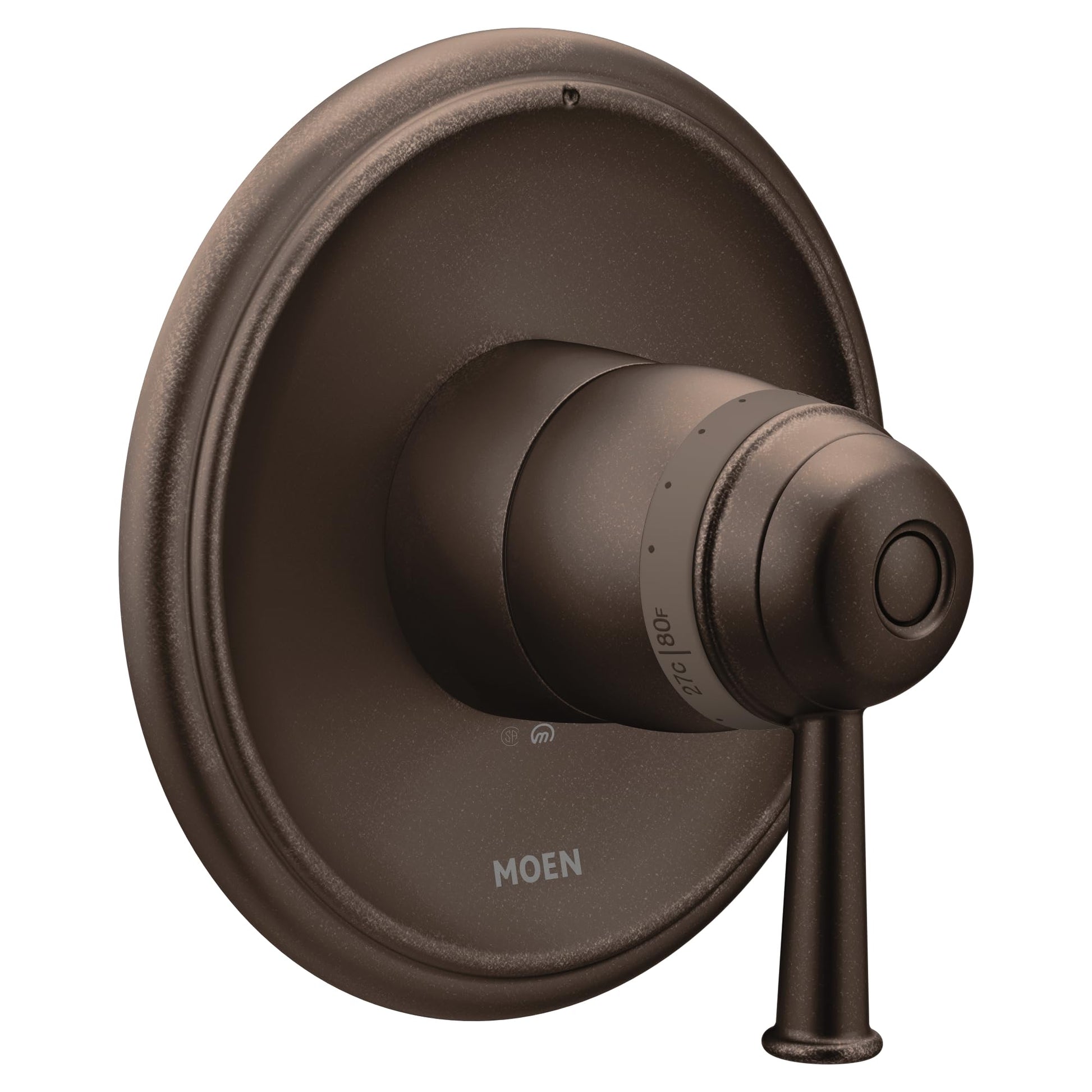 Old World Bronze Moen thermostatic shower valve trim with round escutcheon plate and single lever handle.